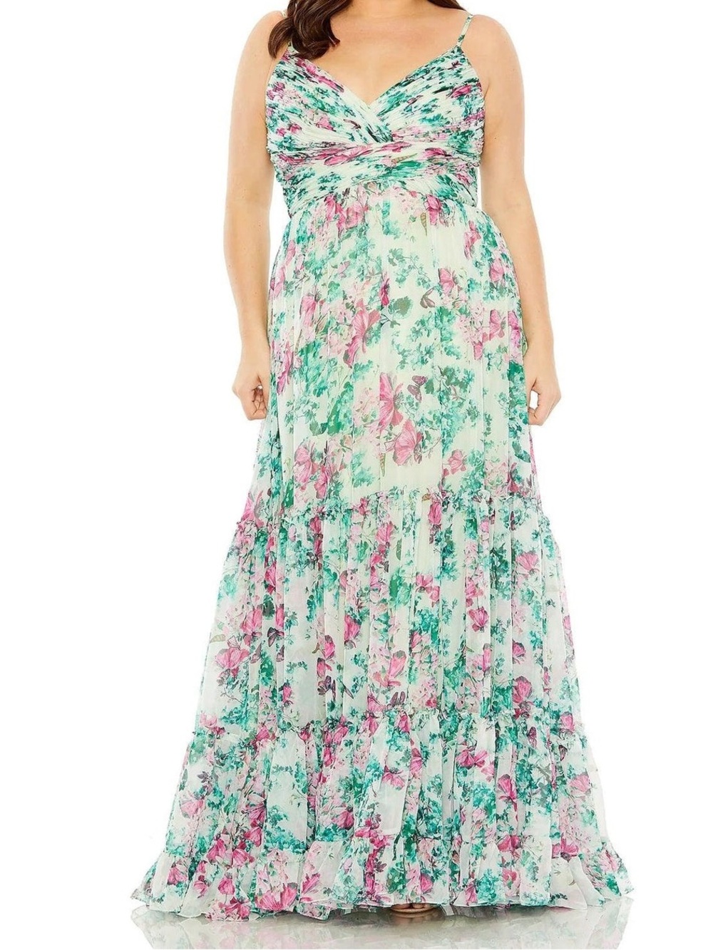 Plus Size Mint Floral V-Neck Maxi Dress with Pink Accents